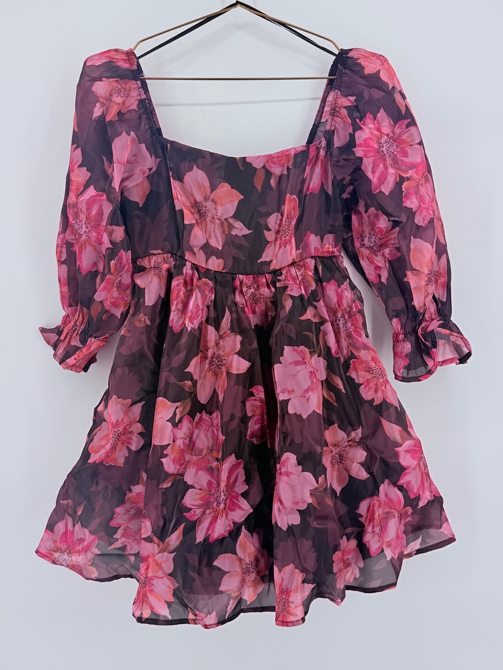 Thirty/Thirty Floral Chiffon Mini Dress Pink Black Square Neck Size S